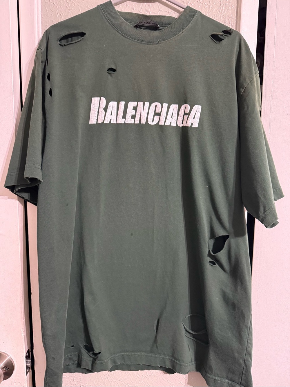 Original Balenciaga Olive Green Distressed Logo Short Sleeve Tee